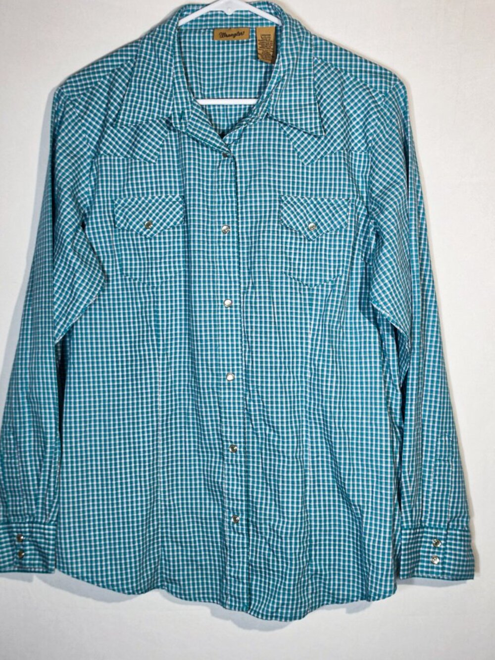 Wrangler Shirt Adult Large Blue Plaid Pearl Snap Button Up Western